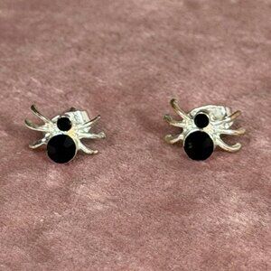 Spider Stud Earrings — Silver Tone with Black Gem Body